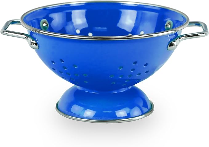 Reston Lloyd, 1 Quart Powder Coated Steel Kitchen Strainer Basket for draining Pasta, Vegetable and Fruit, Chrome Handles and Wide Stable Base, Azure