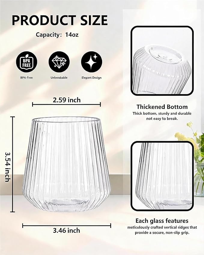 YOUBET 40Pack Plastic Ribbed Wine Glasses for Wedding Parties Bar | 14 oz Clear Thicker Origami Stemless Disposable Wine Glasses - Heavy Duty Unbreakable Vintage Whiskey Cups