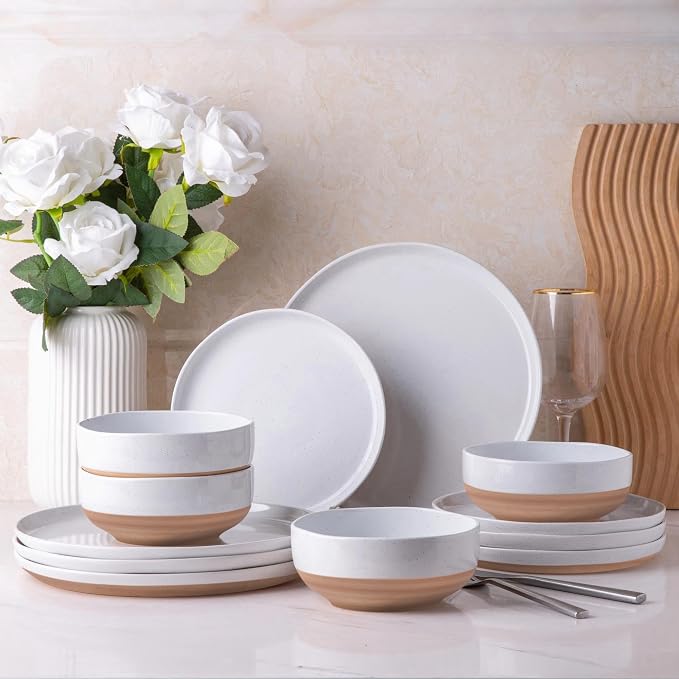 AmorArc Dinnerware Sets for 4, 12 Pieces Ceramic Plates and Bowls Set | Scratch Resistant Stoneware Dishes Set, Dishwasher & Microwave Safe,White