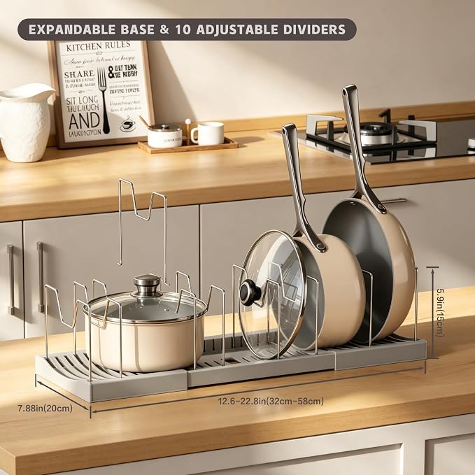 Magheo 2 Pack Pots and Pans Organizer Under Cabinet, Expandable 12.6"-22.8" Kitchen Cabinet Organizer Holder with 10 Adjustable Dividers for Food Storage Container Lid, Cookie Sheet, Cookware(Gray)