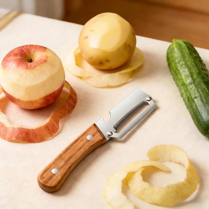 Vegetable Peeler for Kitchen, Stainless Steel Blade with Wooden Handle | 2-in-1 MultiFunctional Fruit Vegetable Peeler, Sharp Wide Blade, Anti-Slip, Bottle Opener, for Potato Apple Pumpkin Prep