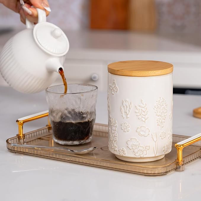 TEATALK Embossed Ceramic Canister with Airtight Lid, 23oz Decorative Storage Jar for Coffee, Tea, Sugar, Flour & Cookies, Farmhouse Kitchen Canisters for Counter, Pantry Organization, Flower Butterfly