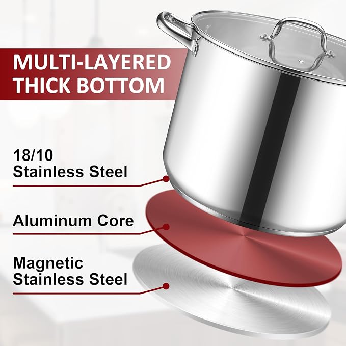 Herogo 24-Quart 18/10 Stainless Steel Stock Pot with Lid, Large Heavy Duty Soup Pot Compatible with Electric, Gas, Induction and Gas Cooktops, Non-Toxic & Corrosion Resistant, Dishwasher Safe