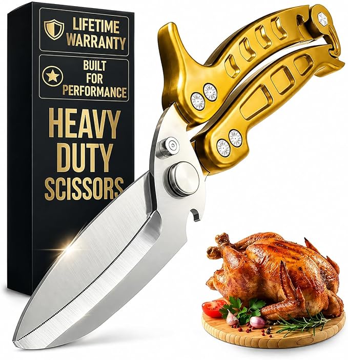 Kitchen Shears Heavy Duty, Safety Lock, Stainless Steel (Gold) | Poultry Shears for Chicken, Turkey, Spatchcock, Fish; Bone Cutting Scissors, Micro-Serrated, Spring-Loaded, Separate to Clean
