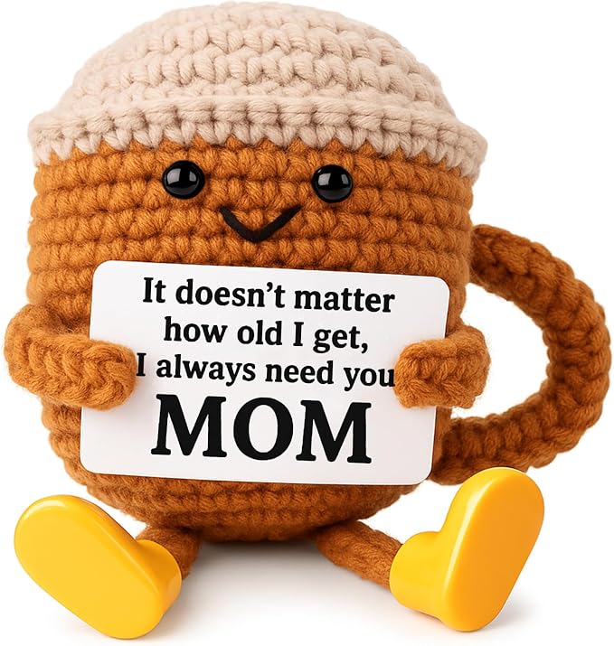 Birthday Gifts for Mom from Daughter Son Kids, Cute Crochet Coffee Lover Gift, Funny Meaningful Small Gifts for Women Handmade Desk Decor Mothers Day