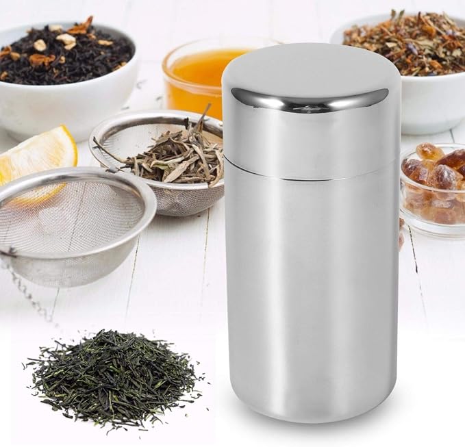 Tyenaza Tea Canister, Double Seal Stainless Steel Tea Tin Canister with Airtight Double Lids for Loose Tea Coffee Candy Herbs and Spices Storage(l)