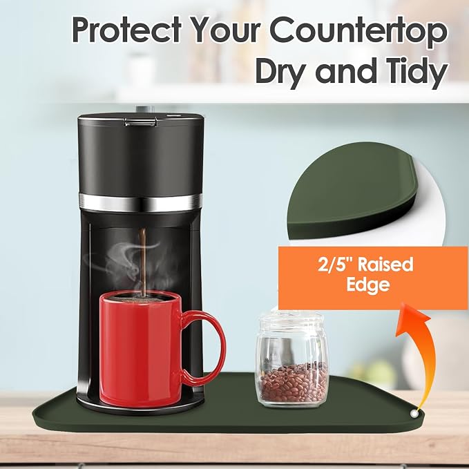 Silicone Coffee Maker Mat with Lip for Countertops, 24'' x 16'' Dark Green | Multi leak-proof coffee tray for countertop, non-slip silicone mat fits most coffee makers & espresso machines, wipe-clean