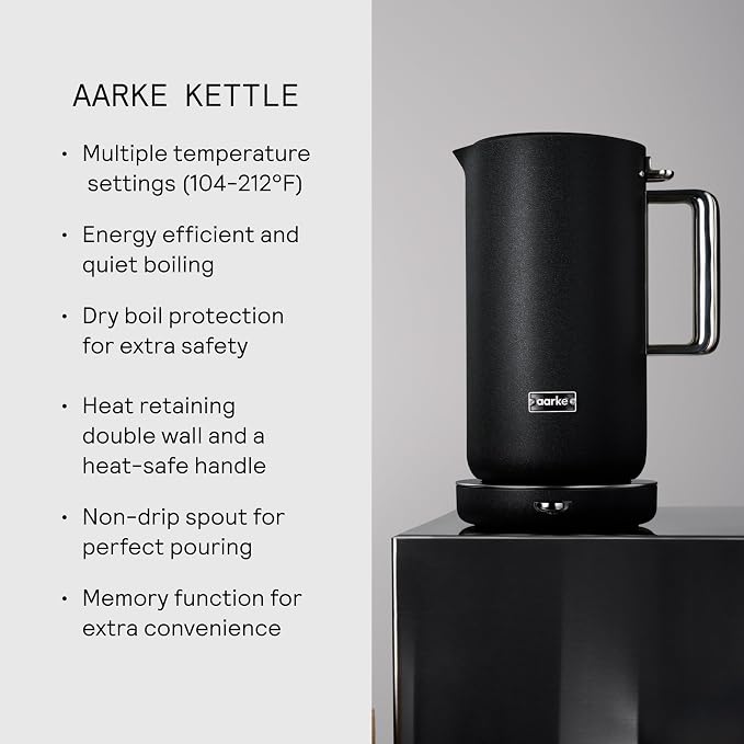 Aarke Kettle - Electric Stainless Steel Tea Kettle 1.2L (40oz), Matte Black | Temperature Control, Non-Drip Spout, Double-Wall Construction, Dry Boil Protection, Heat-Safe Handle, LED Cool-Down Indicator