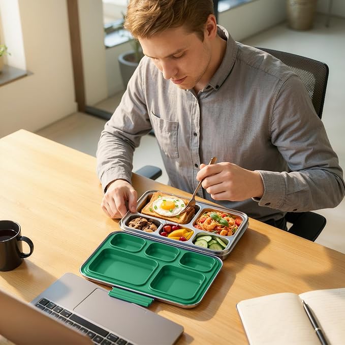 Pawtong Stainless Steel Lunch Box, 5-Compartment Bento Lunch Box for Kids & Adults,Metal Lunch Box with Removable Silicone Container, Lunch Box Containers for School,Office(Green)
