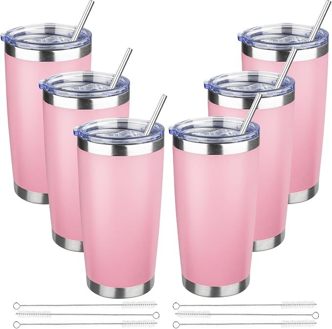 20 oz Tumbler with Lids and Straws, Stainless Steel Insulated Travel Coffee Mug, Double Wall Vacuum Insulated Tumblers, Powder Coated Coffee Tumbler for Cold & Hot Drinks (Pink, 6 Pack)