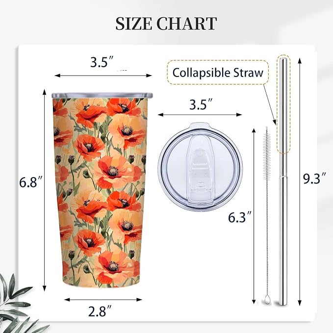 Orange Poppy Floral Tumbler 20 oz Stainless Steel Insulated Travel Mug with Lid and Straw, Flower Coffee Tumbler Cup for Hot Cold Drinks, Botanical Floral Gifts for Women