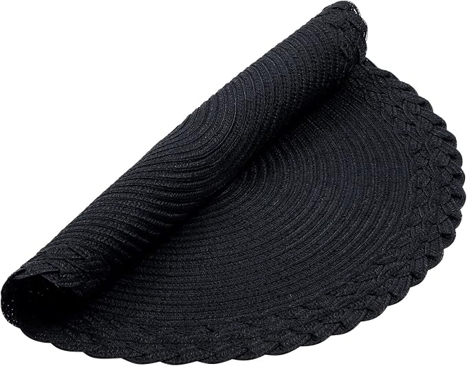 SHACOS Round Placemats Set of 4 Boho Braided Border 15 inch Circle Place Mats Washable Fabric Table Mats for Kitchen Dining Table, Black