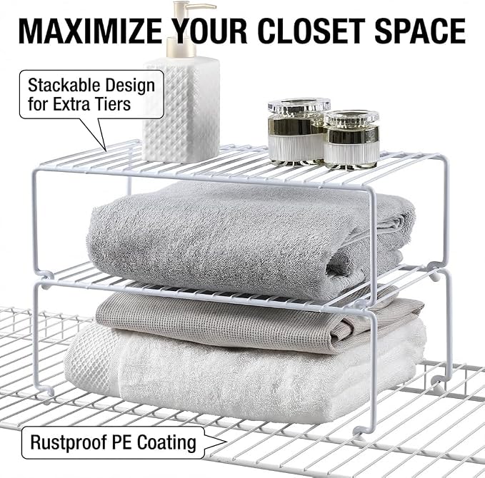4-Pack Kitchen Cabinet Shelf Riser - Stackable Cupboard Organizer & Wire Rack for Pantry, Spice Organization, Desk & Bathroom, Rustproof Metal Closet Shelves, White (15.7" L x 8.5" W)
