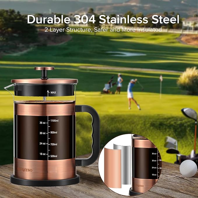 QUQIYSO French Press Coffee Maker 51oz, Large French Press, Thickened Glass | Borosilicate Glass Plastic Free Coffee Maker, Easy to Clean,4 Filter, Coffee Press Suitable for Kitchen Party Camping(Copper)