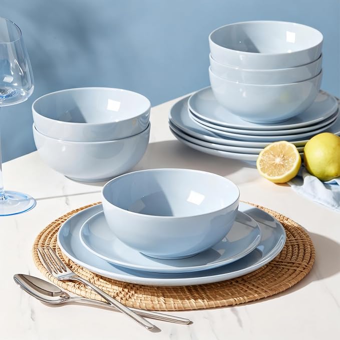 24-Piece Bone China Dinnerware Set for 8, Misty Blue | Lightweight Porcelain | Round Plates & Bowls | Scratch Resistant | Durable Ceramic | Microwave & Dishwasher Safe