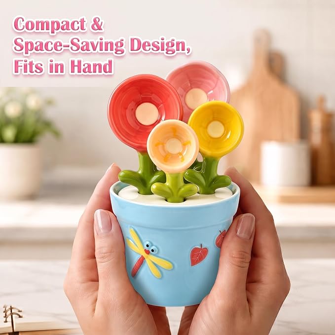 Cute Flower Ceramic Measuring Spoons Set with Base, Kitchen Decorate Gifts | Small Flower Pot Measuring Spoons and Cups with Holder, Home Baking Gifts Blue