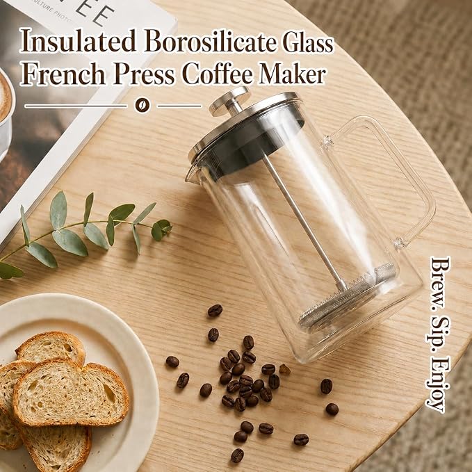 34oz Double Wall Glass French Press Coffee Maker, Borosilicate Glass, Heat Resistant