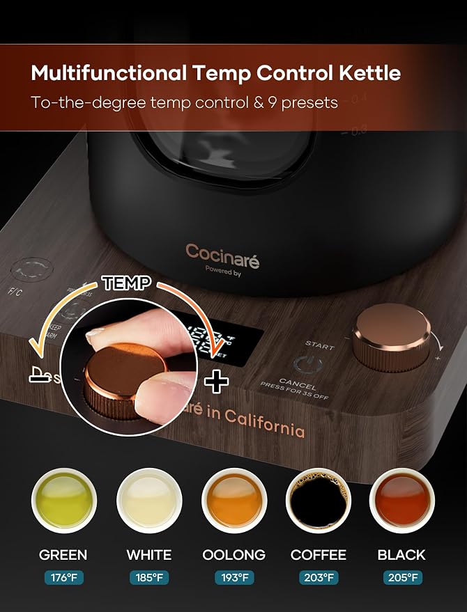 INTASTING Electric Tea Kettle with Infuser, 1℉ Temperature Control, 1 Liter | 1200W Fast Heating, BPA-Free Glass, Easy to Clean, Keep-warm, Auto shut-off, Wood