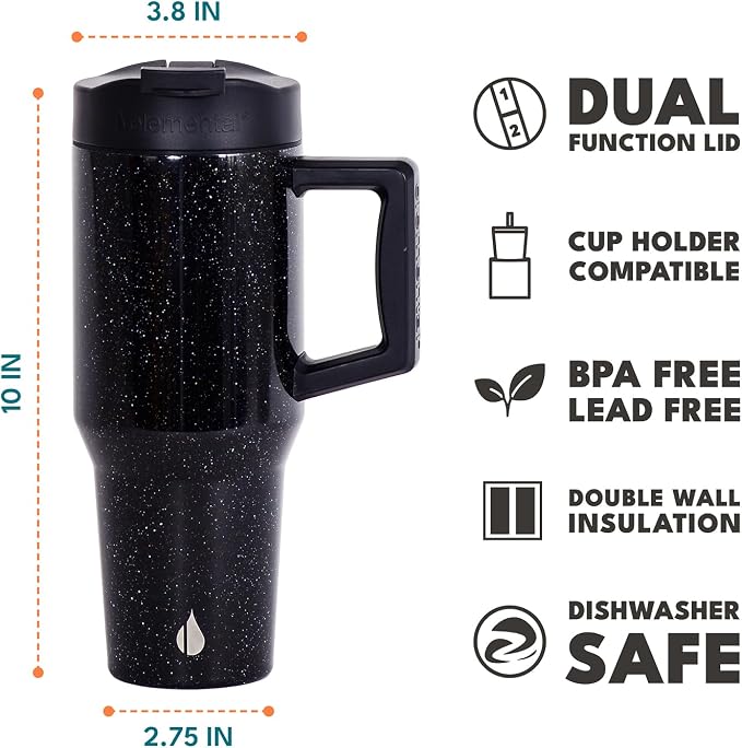 Elemental 100% Leak Proof 32oz Tumbler with Handle & Straw Travel Mug | Stainless Steel Double Wall Insulated Tumbler for Hot and Cold Beverages with Sip & Straw Lid