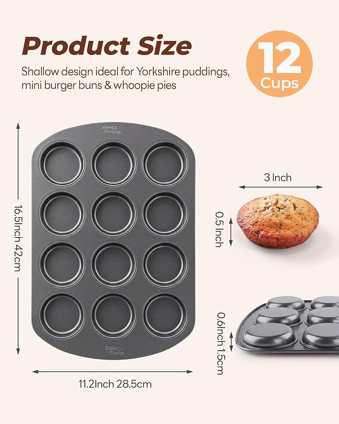 Bake Choice Muffin Top Pan, 12 Cavity Baking Pan for Muffin Tops, Non-Stick | Cupcake Pan, Perfect for Egg Bites, Cookies & Whoopie Pies, 11 x 16 Inch,Carbon Steel Baking Supplies