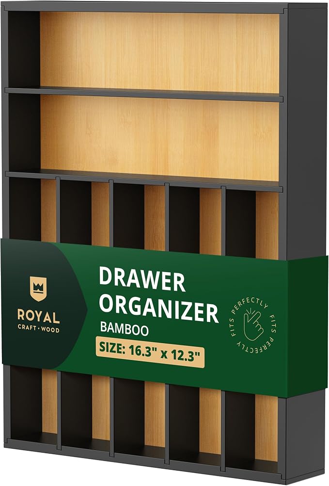 ROYAL CRAFT WOOD Luxury Bamboo Kitchen Drawer Organizer - Silverware Organizer - Utensil Holder and Cutlery Tray with Grooved Drawer Dividers for Flatware and Kitchen Utensils (7 Slot)
