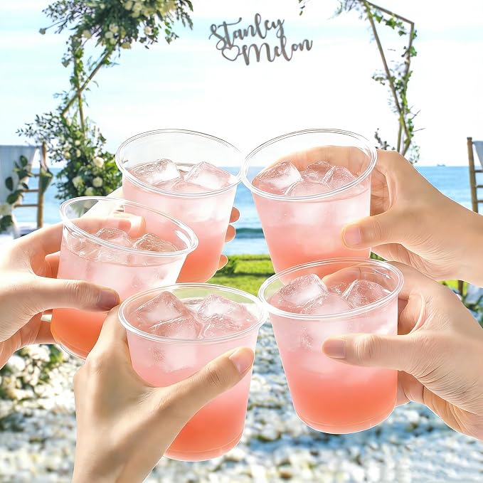 50 x Round Bottom Clear Plastic Cups 12 oz | Disposable Cocktail Cups, Stemless Wine Glasses, Cute Plastic Party Cups for Meeting, Wedding, Birthday, Party Supplies