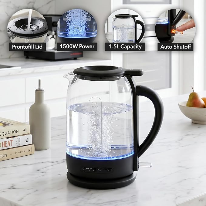 OVENTE 1.5L Glass Electric Kettle Water Boiler, Black KG516B | 1500W Fast Boiling, Easy Fill Lid, Stainless Steel Filter, LED Indicator, Auto Shut-Off, Boil-Dry Protection, 360° Base