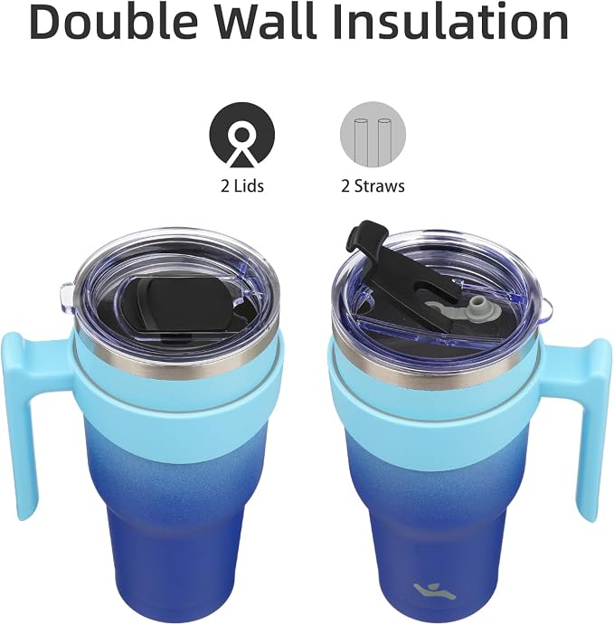 Konokyo 40 oz Tumbler with Handle and Straw, Insulated Travel Mug | Sky; BPA-free, leak-proof tumbler with 2 lids, 2 straws, cup holder fit for coffee, office, travel & daily use
