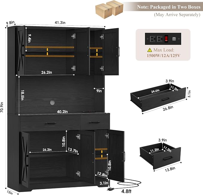 HOSTACK 71" H Kitchen Pantry Storage Cabinet,Farmhouse Hutch Cabinet, Black | Space-Saving Pantry Cabinet with Charging Station & 2 Large Drawers & Adjustable Shelves, Tall Kitchen Hutch, Dining Room