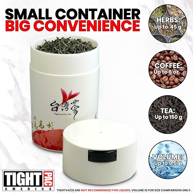 Teavac 6-Ounce Vacuum Sealed Tea Storage Container, White Cap and Body/Red Tea Sign