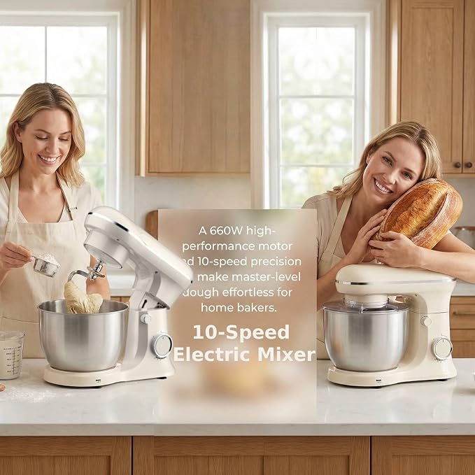 10 Speeds Stand Mixer With Bowl 6.5QT Stainless Steel, Electric Kitchen Stand Up Mixer for Baking Cakes Cookie Bread Salad Food with Egg Whisk, Dough Hook, Flat Beater - Portable Baking Mixers White