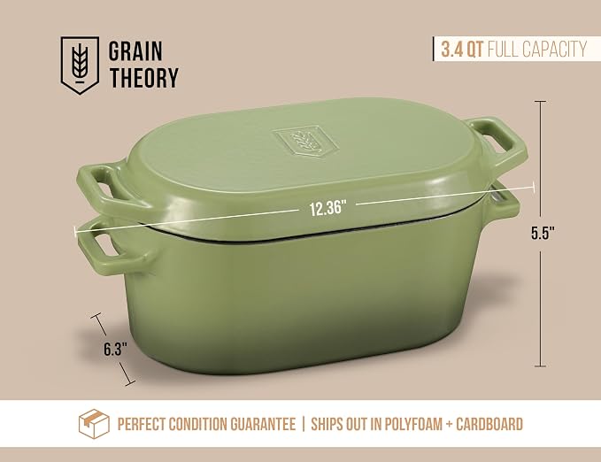 KooK Oval Dutch Oven, for Bread Baking, Sourdough Loaf Pan, Dual Handles, Enameled Cast Iron, with Sling, Dishwasher Safe, 3.4 Qt, Sage Ombre