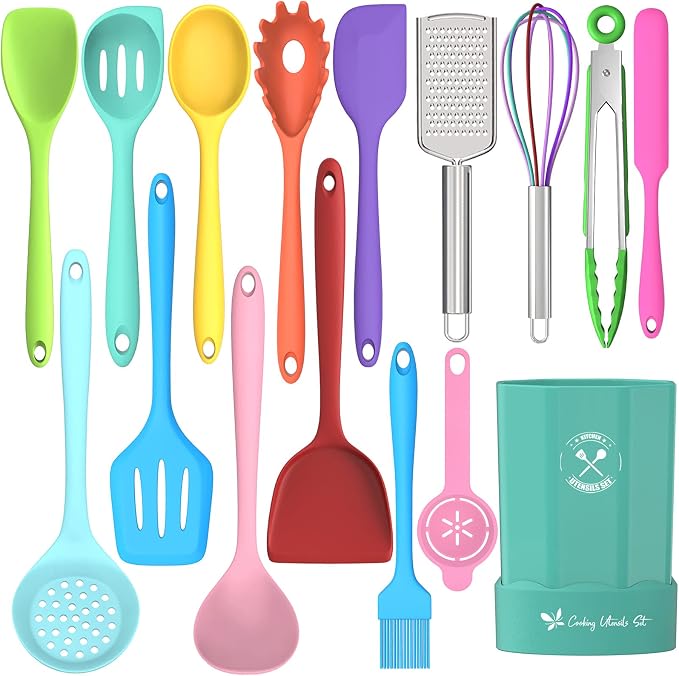 Silicone Kitchen Utensils Set, 16-Piece Silicone Cooking Utensils by Deedro | Heat Resistant Kitchen Tools Set with Holder, Nonstick Spatula Kitchen Gadgets for Cooking & Baking, Colorful