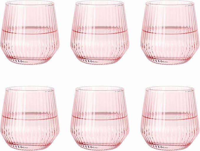 Pink Stemless Wine Glasses Set of 6, 12.5 Oz Lead-Free Ribbed Drinking Glass Cup for Wine, Cocktails, Champagne and Whiskey, Ideal Gifts for Weddings, Bars, Christmas, Halloween,Party, Daily Use
