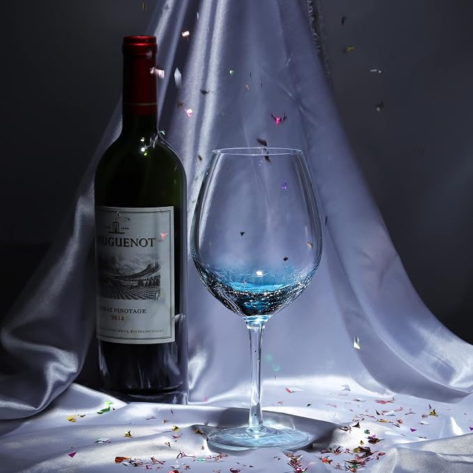 Joeyan Handmade Blue Crackle Wine Glasses,Large Crystal Burgundy Wine Glass Cup with Stem,Red White Wine Goblet Tumbler,Aesthetics Glassware Collection,Set of 2,21 oz