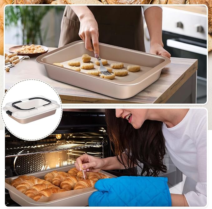 Qinyoung 4 Pcs Gold Cake Pan with Lid and Handle, 9 X 13 Inch | Non-stick, Rectangle Sheet Cake Pan, Covered Carrier, Brownie Roasting, Cooking, Baking