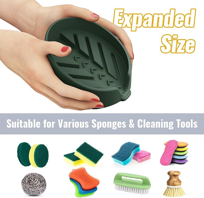 NiHome Silicone Sponge Holder for Kitchen Sink, Fits Scrub Daddy Mommy | Self-Draining Dispenser Organizer Tray, Sink Caddy Countertop Fits Soaps, Scrubber, Dishwasher Safe, Includes Brush
