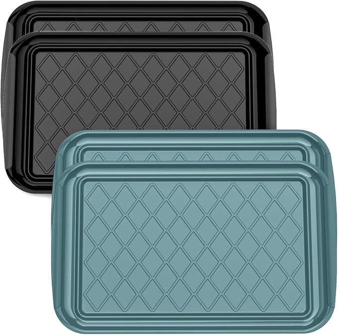 Grilling Prep & Serve Trays for Party Set of 4, Large BBQ Serving Platters | Dishwasher Safe Plastic Trays for Raw and Cooked Food 17"×10.5" Stackable Party Supplies for Grilling, Meal Prep, Green/Black