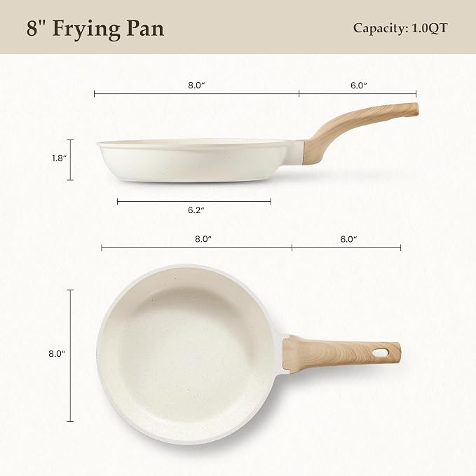 CAROTE 8 Inch Non Stick Frying Pan, Cream White Granite Skillet | Kitchen Healthy Non Toxic Stone Cookware,All-Stovetop Compatible, Cool Handle, Easy to Clean, PFOA Free