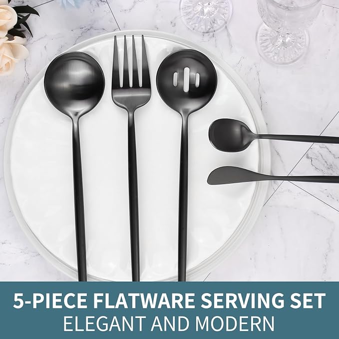 Black Serving Utensils Set, 5pc Stainless Steel Serving Spoons | 10.8in,matte black,serving spoons set for parties,buffet serving utensils,black flatware for elegant serving,dishwasher safe