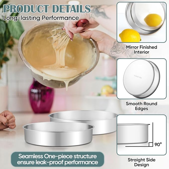 TeamFar 9 Inch Cake Pan, Stainless Steel Round Layer Cake Baking Pan | Baking Tin for Birthday Wedding, Non-Toxic & Heavy-Duty, Mirror Finish & Leak Proof, Oven & Dishwasher Safe