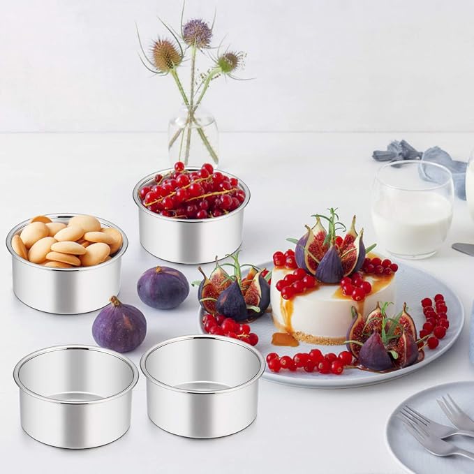 TeamFar 4 Inch Cake Pan, 6 Pcs Stainless Steel Round Baking Cake Pans Set | Layer Cake Baking Pans Set for Baking Steaming Serving, Healthy & Sturdy, Mirror Finish & Dishwasher Safe