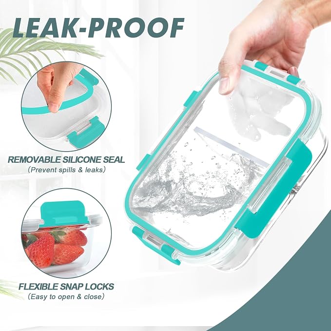 30 oz 5 Pack Glass Meal Prep Containers 2 Compartments, Glass Food Storage Containers with Lids, Airtight Lunch Box, Microwave, Oven and Freezer Safe, Green