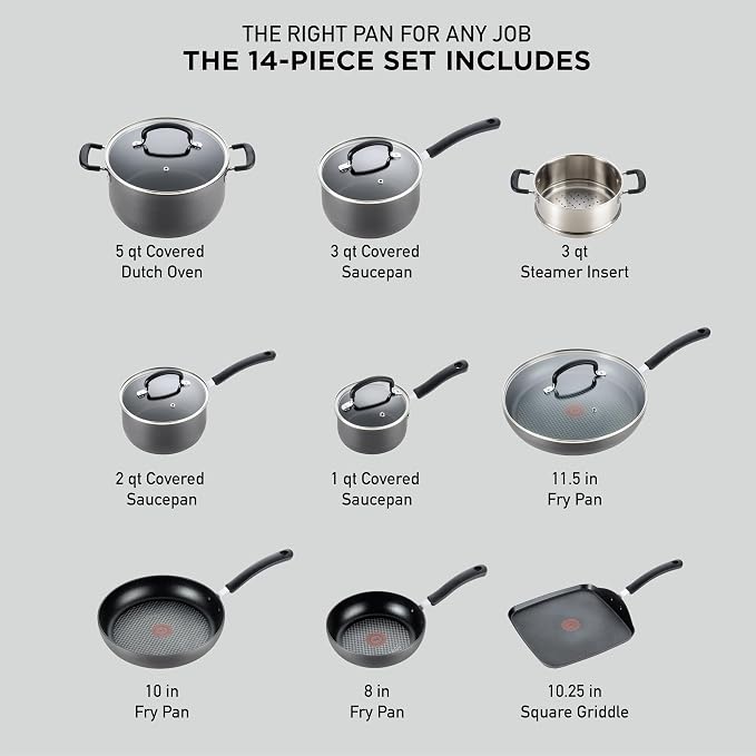 T-fal Ultimate Hard Anodized Nonstick Pots and Pans Set, 14-Piece, Onyx | Titanium nonstick coating, Thermo-Spot heat indicator, Oven safe to 400°F, Dishwasher safe, All stovetops except induction