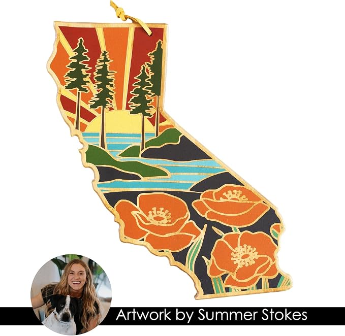 Totally Bamboo California State Shaped Cutting Board, Summer Stokes Art | State charcuterie board with colorful hand-drawn landscape art. Smooth reverse side for food prep. Hang tie for wall display.