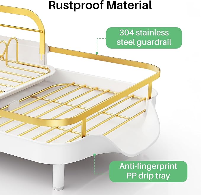 SAYZH Expandable Dish Drying Rack for Small Kitchen Counter, Gold | Stainless Steel, Protective Guardrail, Angled Drainboard, Fits High-Rim Sinks, Removable Utensil Holder
