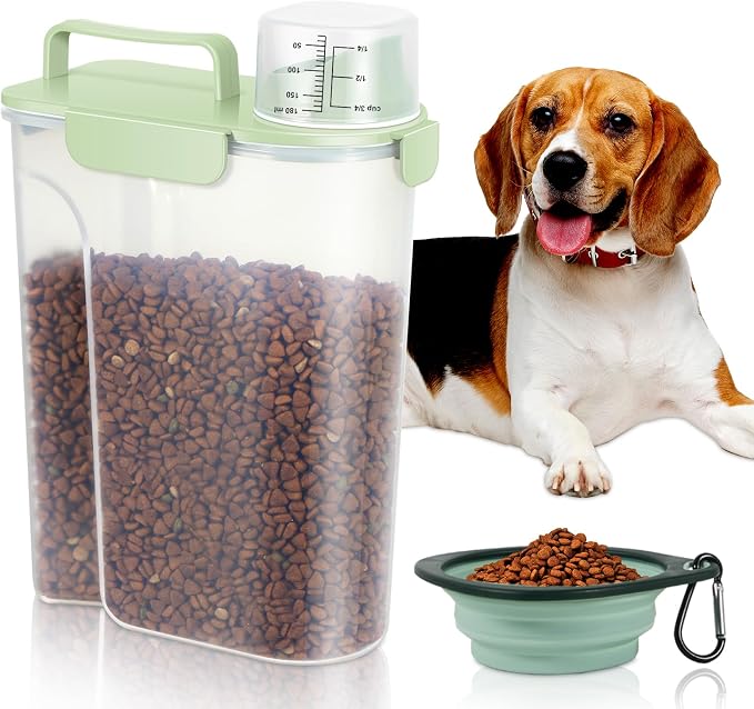 5 Lbs Pet Dog Food Storage Container for Travel Bird Seed Dispenser - Green | Portable Cat Food Containers with Collapsible Bowl 10 Lbs Rice Bin Airtight Cereal Oatmeal Flour Holder with Large Pour Spout