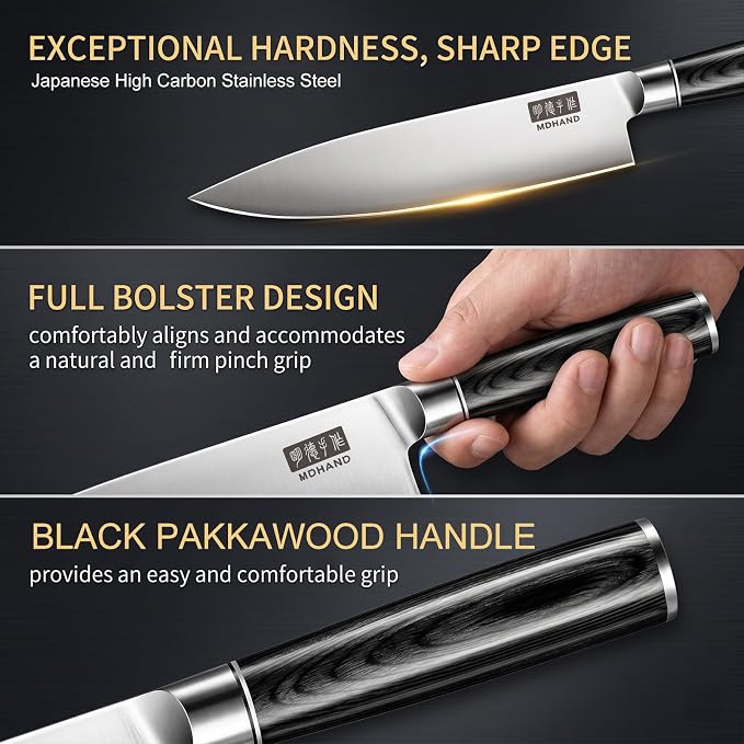 Chef Knife 8 Inch, Ultra Sharp Japanese Kitchen Knife Gift Box | High Carbon Stainless Steel Knives with Pakkawood Handle, Cooking Knife for Vegetable Meat, Home Kitchen, Dishwasher Safe