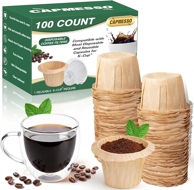 CAPMESSO Disposable Coffee Paper Filters, 100 Count Keurg Cup Coffee Filters Compatible with Keurg Brewers Reusable Single Serve 1.0 and 2.0 Coffee Maker (100 Count, Unbleached)