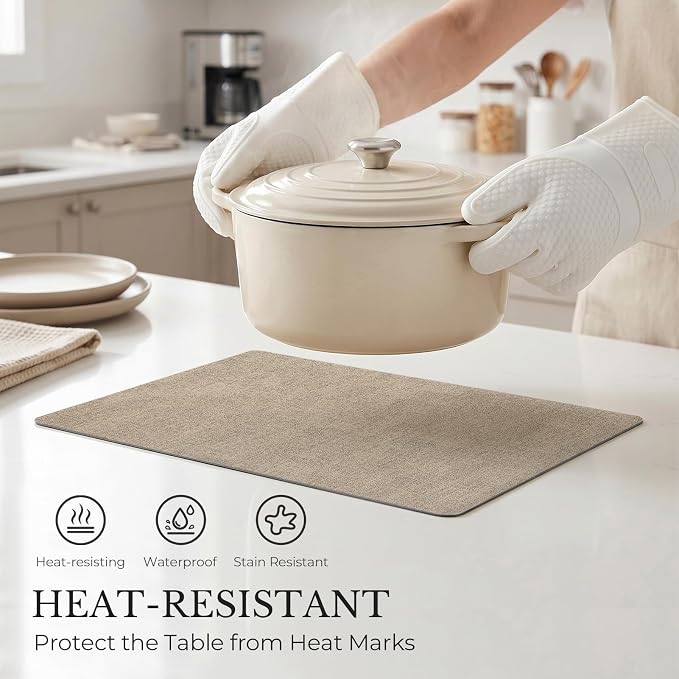 Romanstile Vinyl Placemats Set of 8, Reversible Faux Leather Heat Resistant Wipeable Table Mats, Waterproof Washable Non-Slip Table Placemats for Dining/Kitchen/Party/Outdoor (Grey Khaki, 12" x 17")